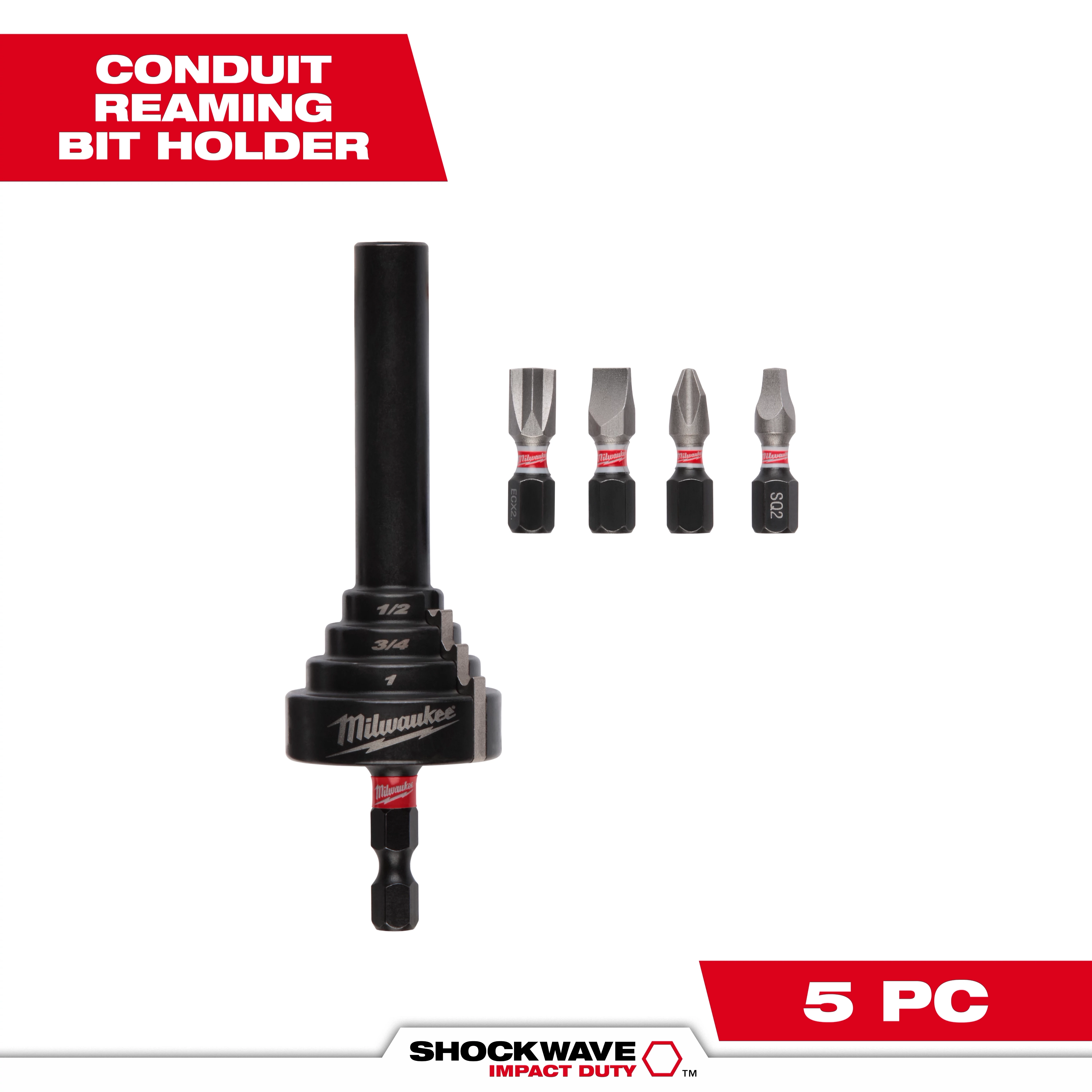 The image shows the SHOCKWAVE™ Conduit Reaming Bit Holder set by Milwaukee, including four different bit sizes. The set contains five pieces, and the bits are displayed next to the main bit holder.