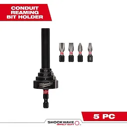 The image shows the SHOCKWAVE™ Conduit Reaming Bit Holder set by Milwaukee, including four different bit sizes. The set contains five pieces, and the bits are displayed next to the main bit holder.