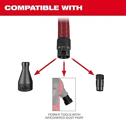 This image shows a Milwaukee hose adaptor (49-90-1971) compatible with three different power tool attachments. There are arrows pointing to a conical adaptor, a power tool with an integrated dust port, and a cylindrical adaptor. The top of the image says "COMPATIBLE WITH" in bold red letters.