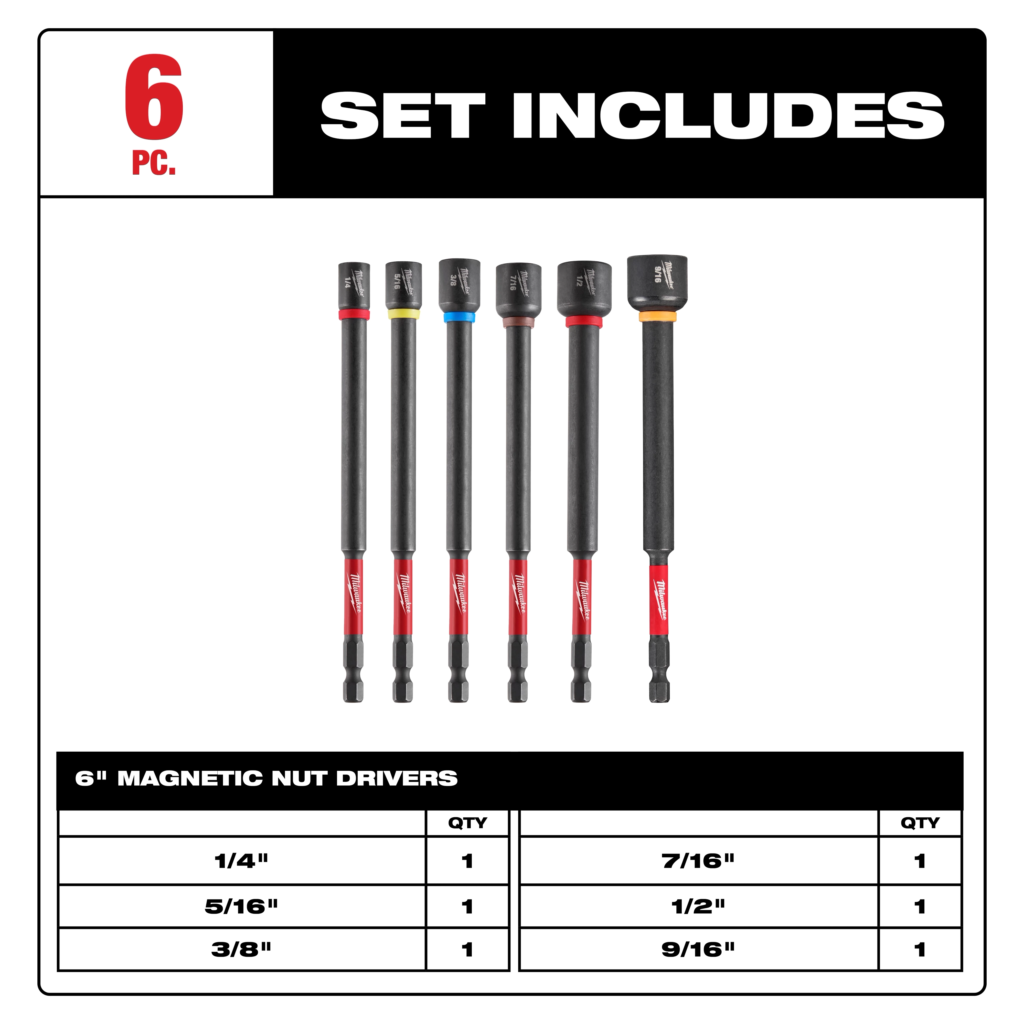 Image of the SHOCKWAVE Impact Duty™ 6" Magnetic Nut Driver Set 6PC. The set includes six magnetic nut drivers of various sizes: 1/4", 5/16", 3/8", 7/16", 1/2", and 9/16". The drivers are displayed vertically with color-coded bands near the tips.