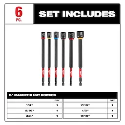 Image of the SHOCKWAVE Impact Duty™ 6" Magnetic Nut Driver Set 6PC. The set includes six magnetic nut drivers of various sizes: 1/4", 5/16", 3/8", 7/16", 1/2", and 9/16". The drivers are displayed vertically with color-coded bands near the tips.