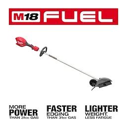 Image of the M18 FUEL™ Edger, featuring a red motor housing, a long handle, and a cutting blade at the end. Surrounding text highlights "More Power," "Faster Edging," and "Lighter Weight" compared to 31cc gas edgers. The M18 FUEL™ logo is at the top.