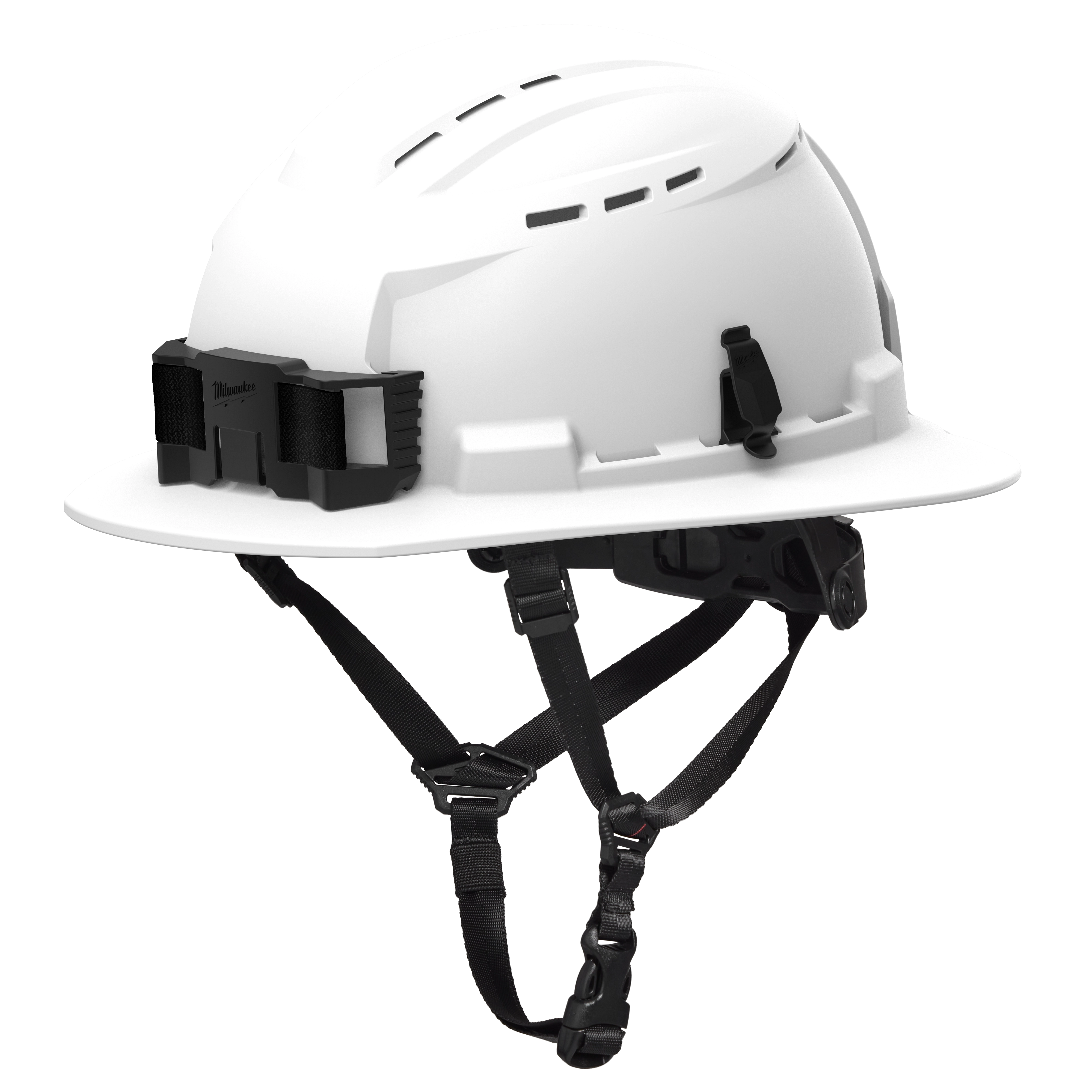 The image shows a BOLT™ White Full Brim Vented Safety Helmet – Type 2, Class C. The helmet features air vents for breathability and a chin strap for secure fitting. It is designed for safety in construction or industrial environments.