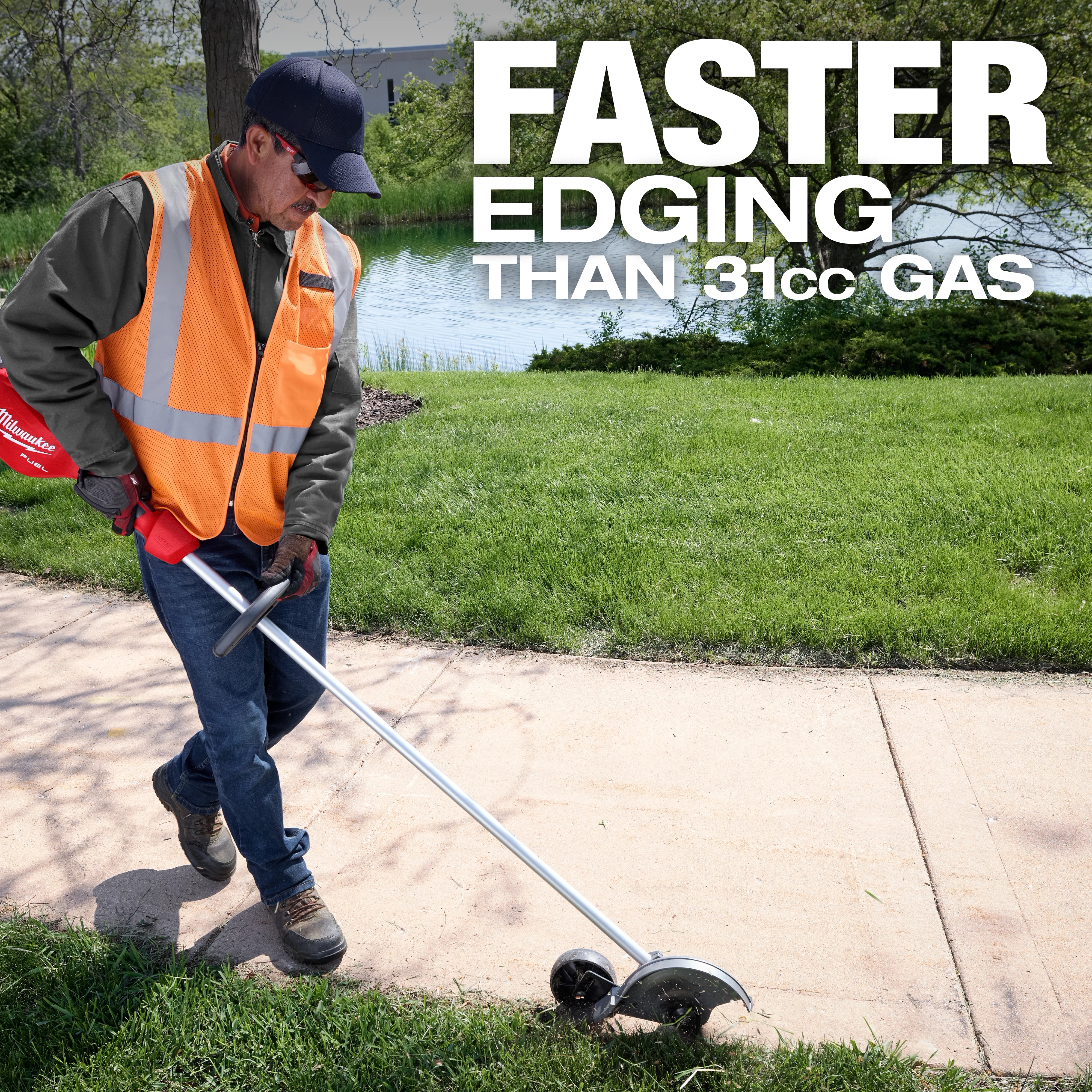 A person uses an M18 FUEL™ Edger to trim grass along a sidewalk. Text on the image reads, "FASTER EDGING THAN 31cc GAS". The scene is outdoors near a grassy area and a pond.