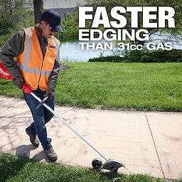 A person uses an M18 FUEL™ Edger to trim grass along a sidewalk. Text on the image reads, "FASTER EDGING THAN 31cc GAS". The scene is outdoors near a grassy area and a pond.