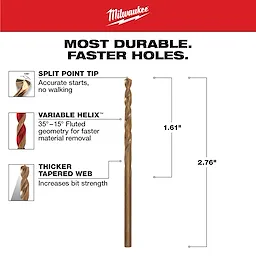 The 1/8 in. Cobalt Red Helix Twist Drill Bit is shown with features highlighted: split point tip for accurate starts, variable helix fluting for faster material removal, and a thicker tapered web for increased strength. Dimensions are 1.61 inches and 2.76 inches.