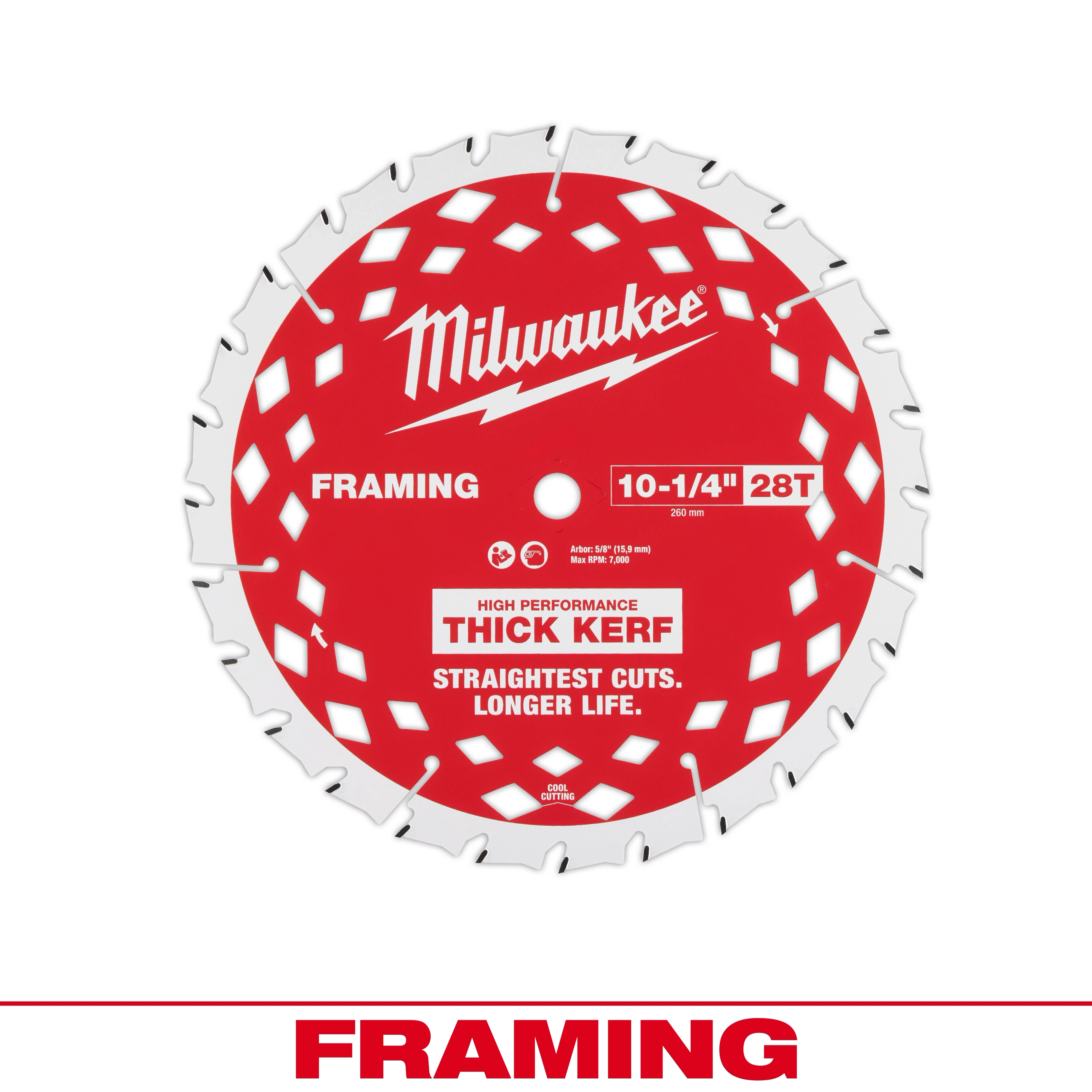 10-1/4” 28T Thick Kerf Framing Circular Saw Blade with a red and white design featuring the manufacturer's logo.