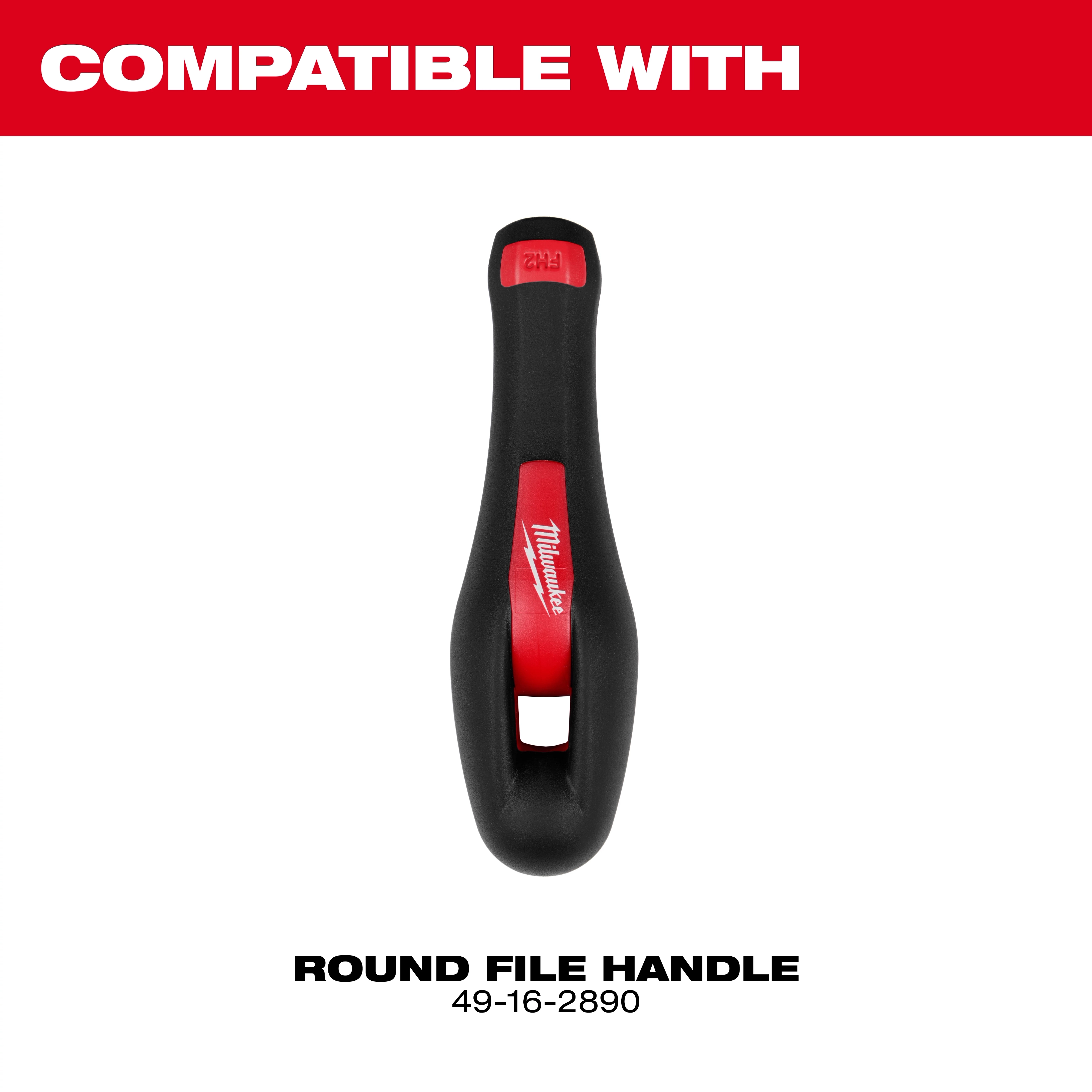 A Milwaukee Tool Round File Handle for Chain Sharpening is shown, with a black grip and red accents, labeled compatible. Model number 49-16-2890 is displayed below the handle.