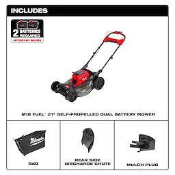 The image shows the M18 FUEL™ 21" Self-Propelled Dual Battery Mower, which includes a bag, a rear side discharge chute, and a mulch plug. The description notes that 2 batteries are required but not included.