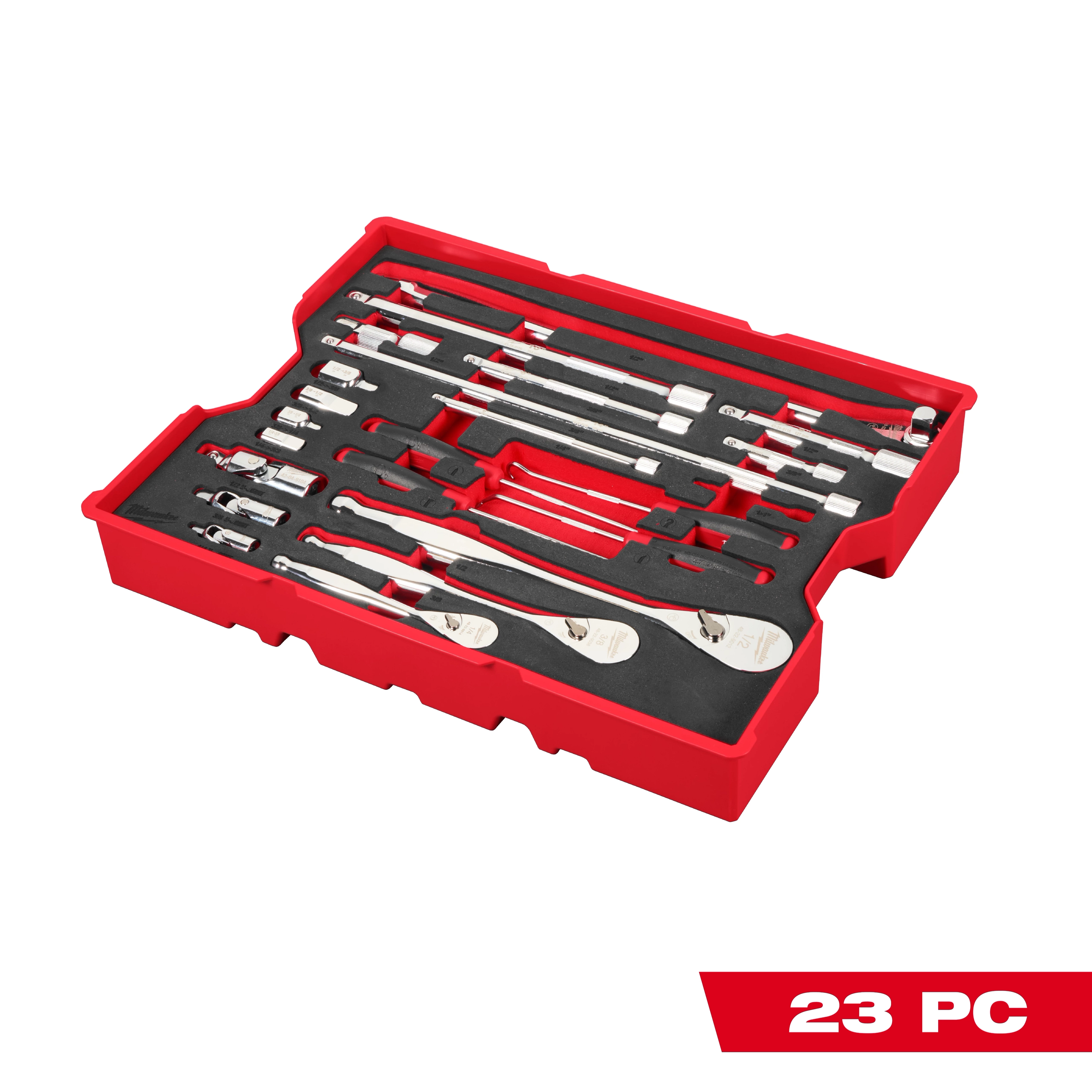 23 pc. 1/4”, 3/8”, & 1/2” Drive Ratchet and Accessory Set with Tray for PACKOUT Drawers arranged in a red tray.