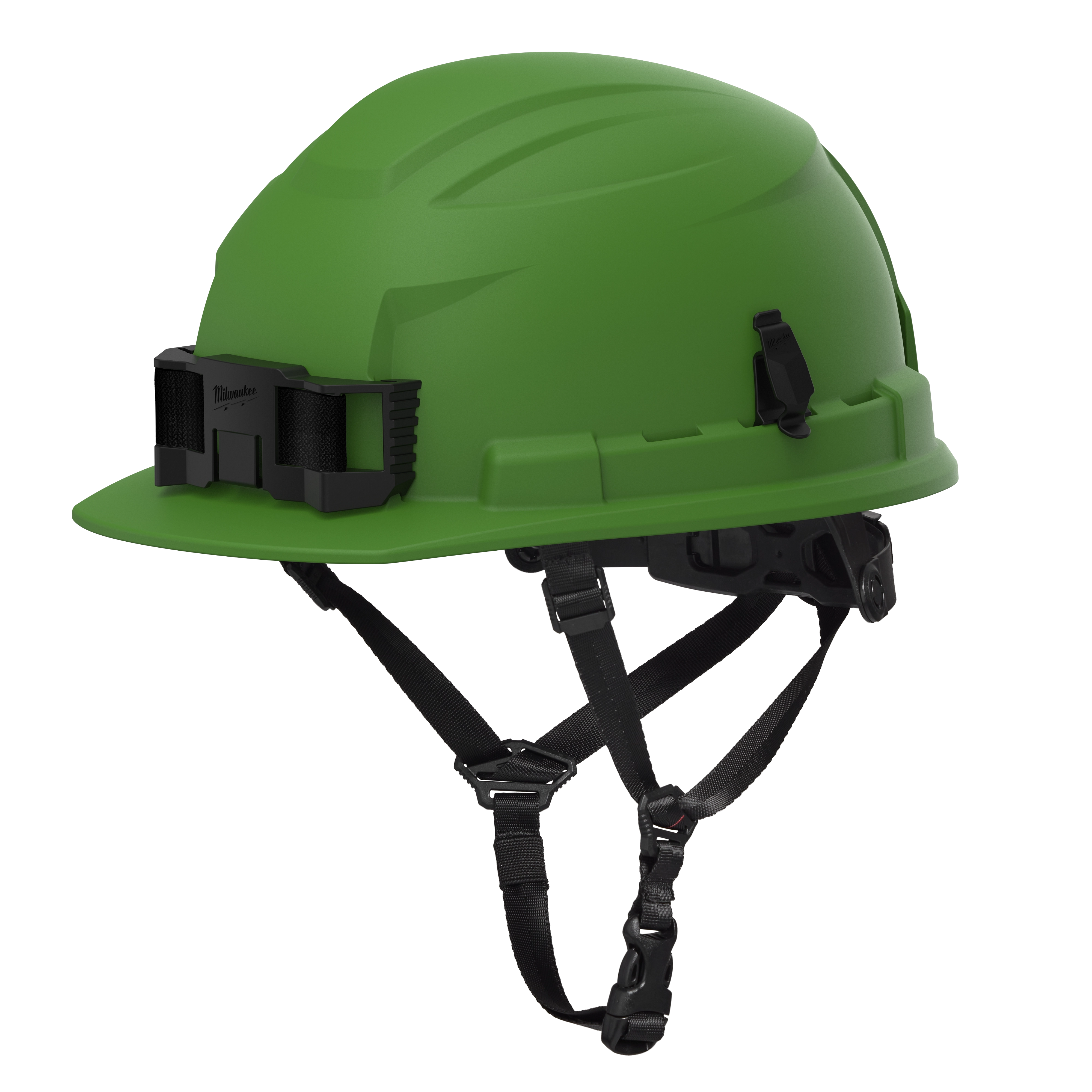 The BOLT™ Green Front Brim Safety Helmet w/ 4pt Ratcheting Suspension - Type 2, Class E is a green helmet designed for construction or industrial use. It features a front-facing LED light clip, adjustable four-point ratcheting suspension system, and chin strap for secure fit and enhanced safety.