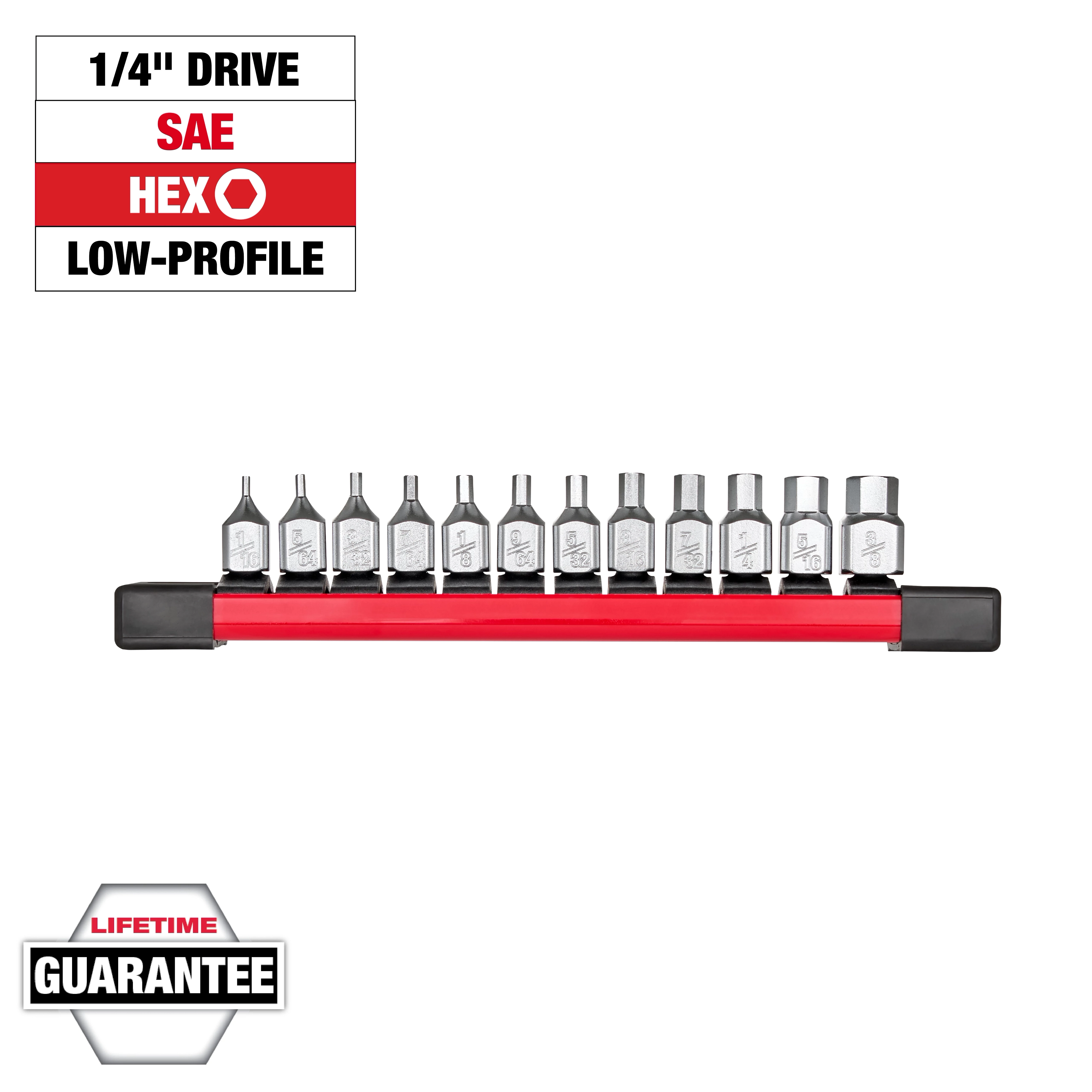 12pc 1/4” Drive Low-Profile Hex Bit Socket Set (SAE) on a red rail, featuring various hex bit sockets and a lifetime guarantee.