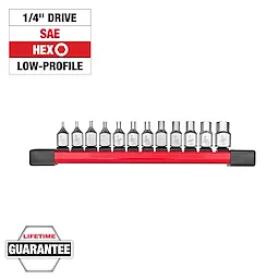 12pc 1/4” Drive Low-Profile Hex Bit Socket Set (SAE) on a red rail, featuring various hex bit sockets and a lifetime guarantee.