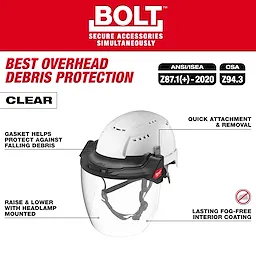 An image of the BOLT™ Gasketed Full Face Shield - Clear Dual Coat Lens, compatible with Milwaukee® BOLT™ Safety Helmets & BOLT™ Hard Hats. The face shield is shown attached to a white helmet, highlighting its overhead debris protection, quick attachment, gasket for debris protection, headlamp compatibility, and fog-free interior coating.