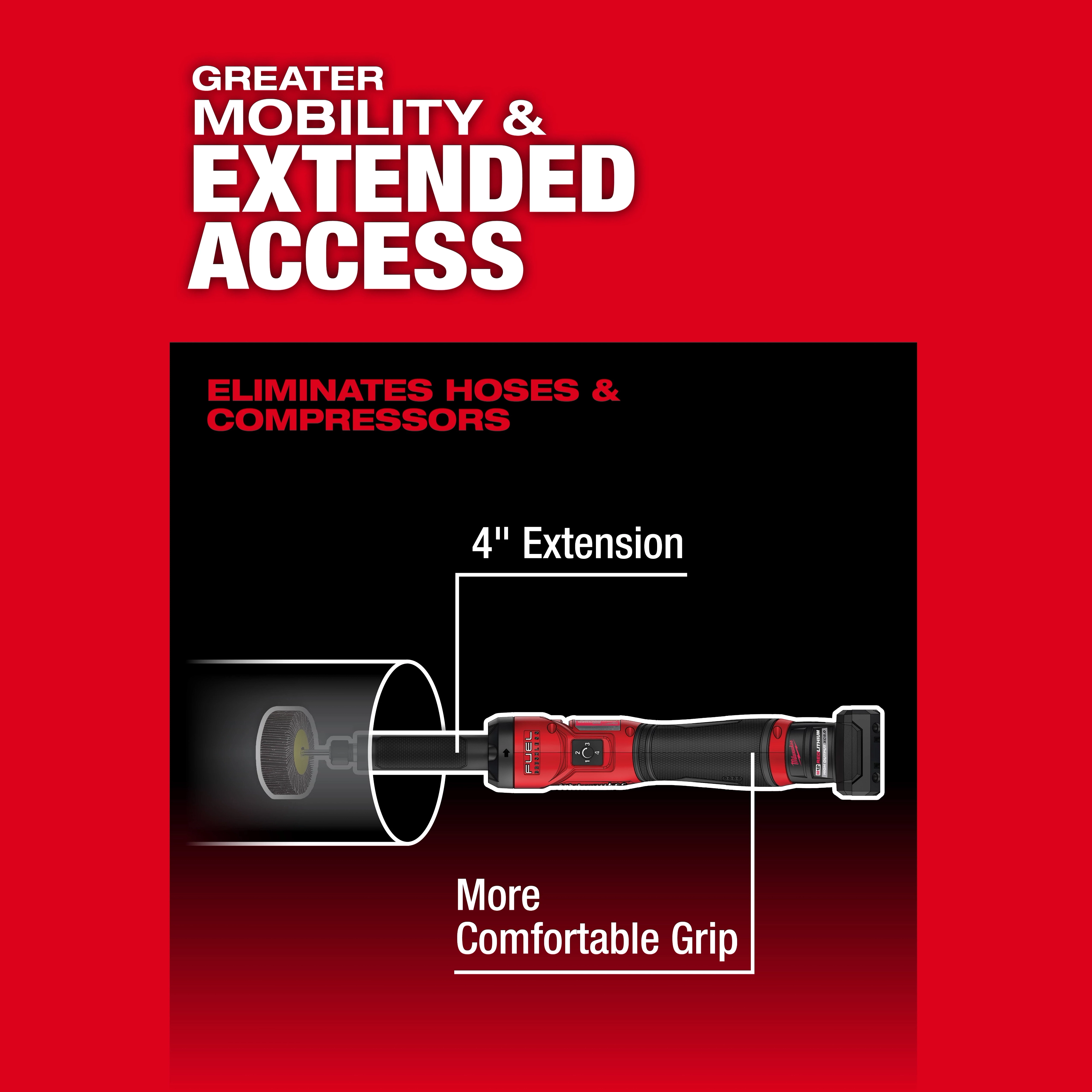 M12 FUEL 1/4" Extended Die Grinder with labeled 4" extension and more comfortable grip on a red background.