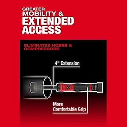 M12 FUEL 1/4" Extended Die Grinder with labeled 4" extension and more comfortable grip on a red background.