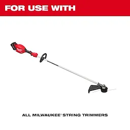 A red and silver string trimmer with text above it reading "FOR USE WITH" and below it reading "ALL MILWAUKEE® STRING TRIMMERS." The background is white with a red header.