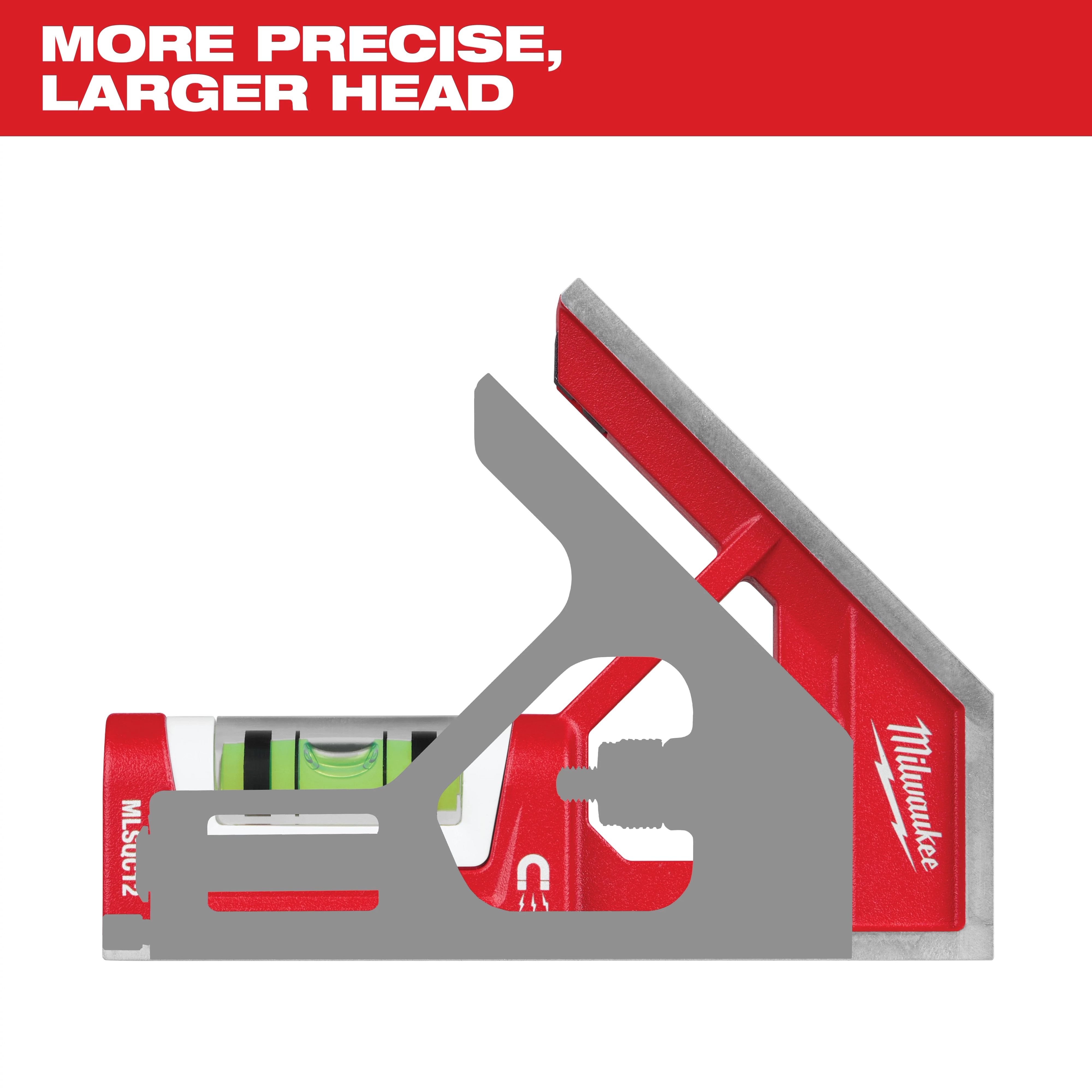 12" Magnetic Combination Square with a red body and a stainless steel blade, featuring a precise level and a larger head. Text at the top reads "More Precise, Larger Head."
