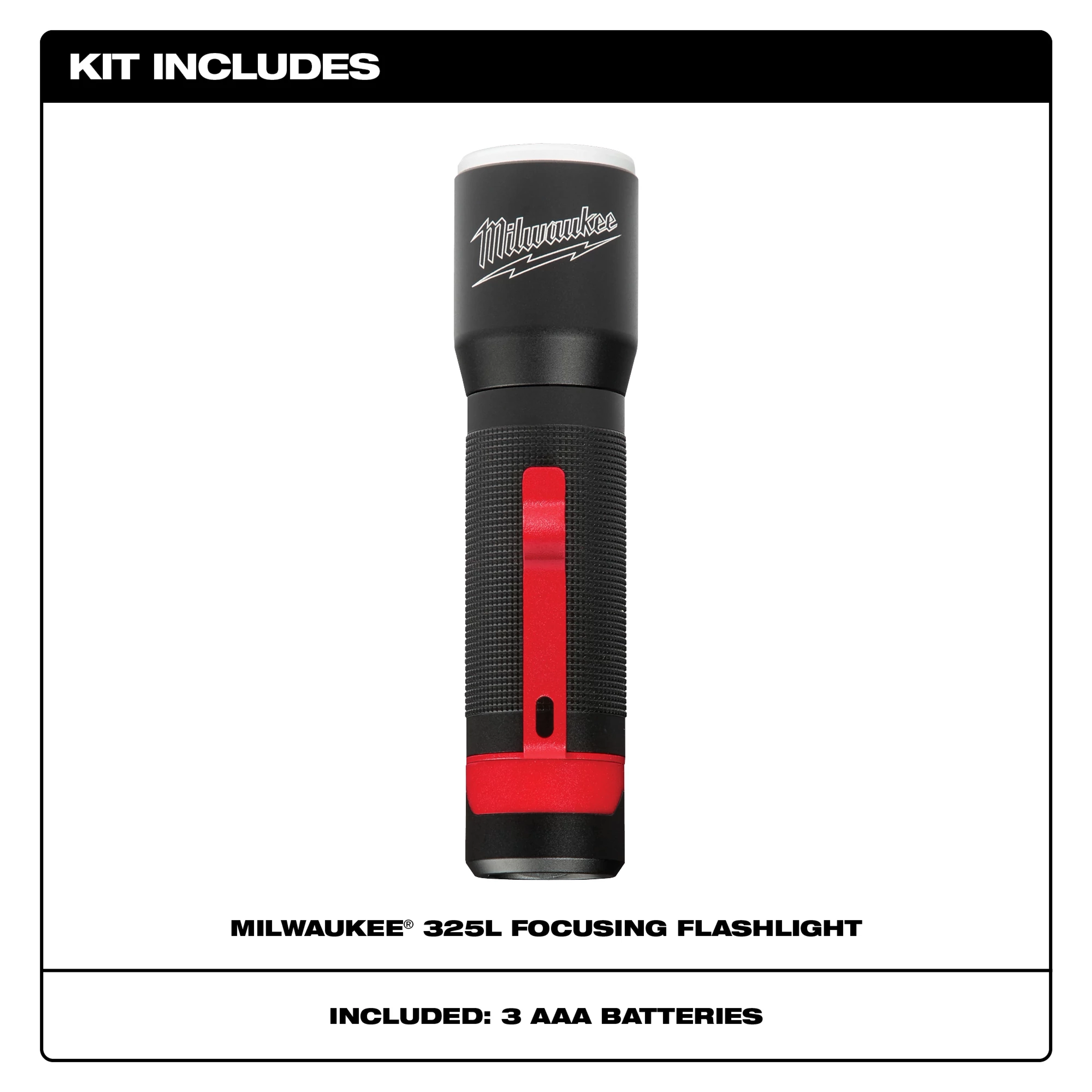 Milwaukee 325L Focusing Flashlight kit includes the flashlight and three AAA batteries.