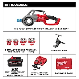 The image shows the Milwaukee M18 FUEL Compact Pipe Threader w/ ONE-KEY along with its accessories. These include four compact forged aluminum die heads (1/2" to 1-1/4"), a support arm, two M18 REDLITHIUM FORGE XC8.0 batteries, an M18 and M12 rapid charger, and a red carrying case.