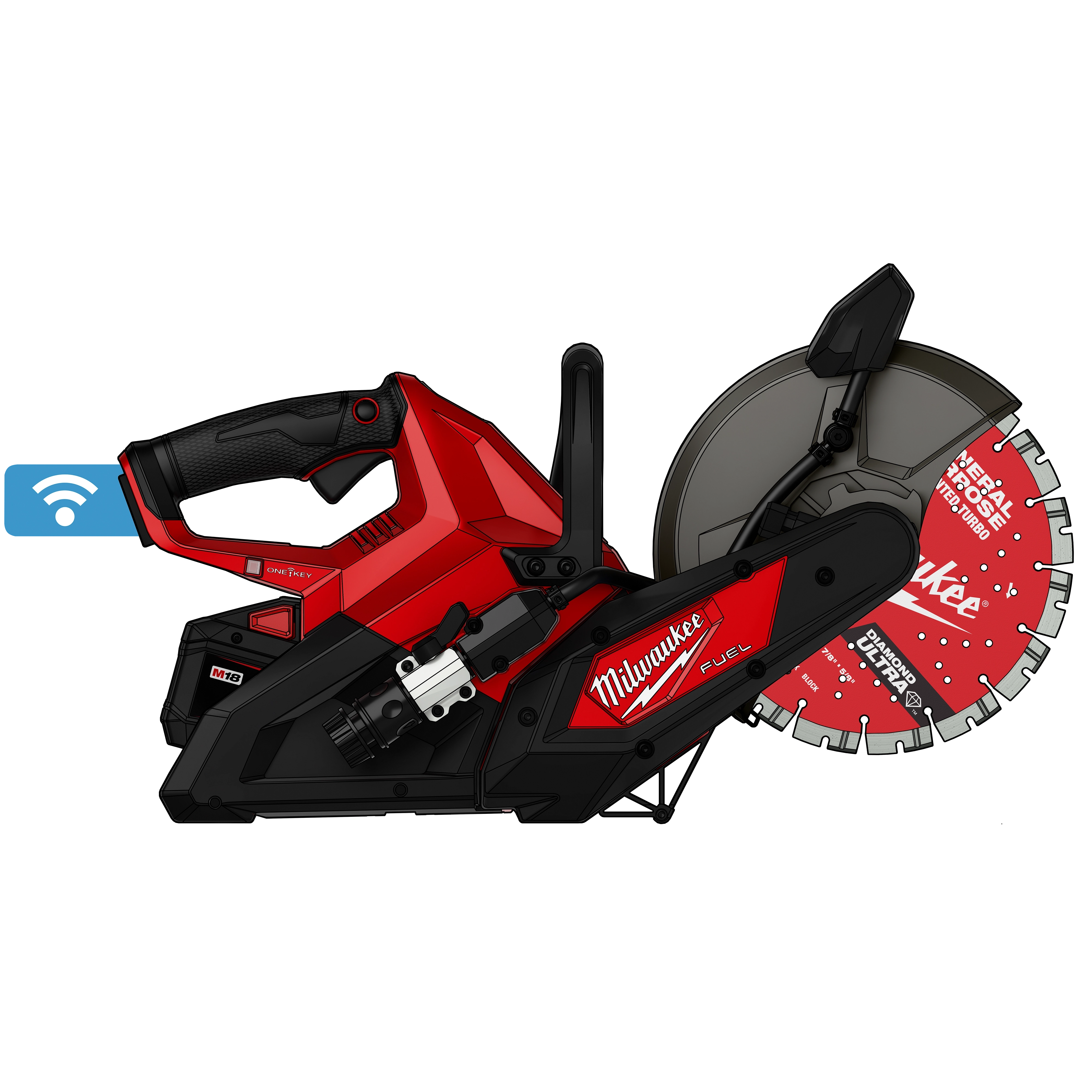M18 FUEL 9” Cut-Off Saw Kit w/ ONE-KEY, showing side profile with handle, blade guard, and circular blade.