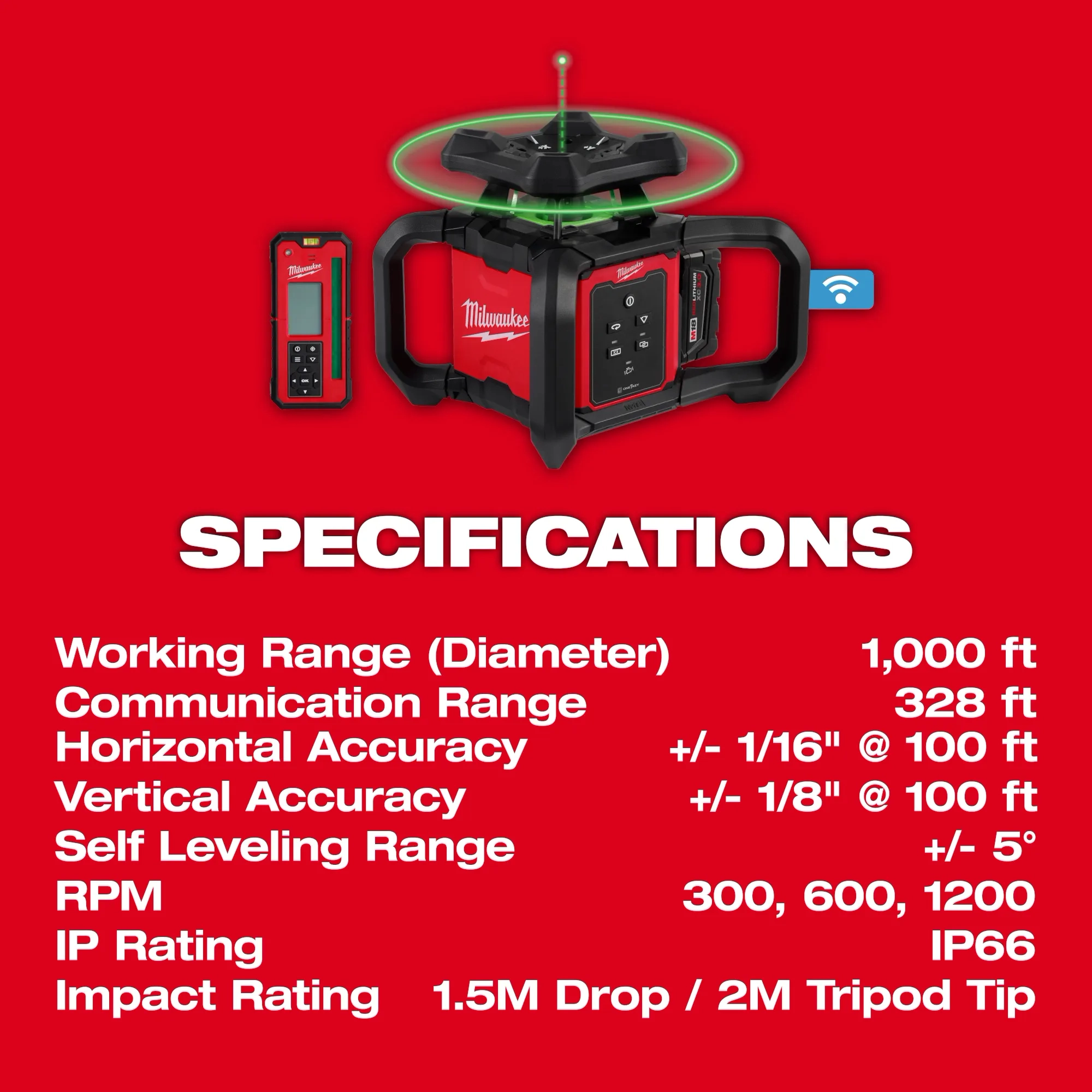 Image of the Milwaukee M18 Green Interior Rotary Laser Level Kit w/ Remote/Receiver & Wall Mount Bracket specifications