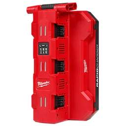 The image shows the M18™ Six Bay Daisy Chain Rapid Charger. It is a red, vertical device designed for charging multiple battery packs sequentially. The charger has six slots, control buttons in the middle, and the Milwaukee logo with "Rapid Charger" written on the side. The overall design features vents for cooling and a robust, durable construction suitable for heavy-duty usage.