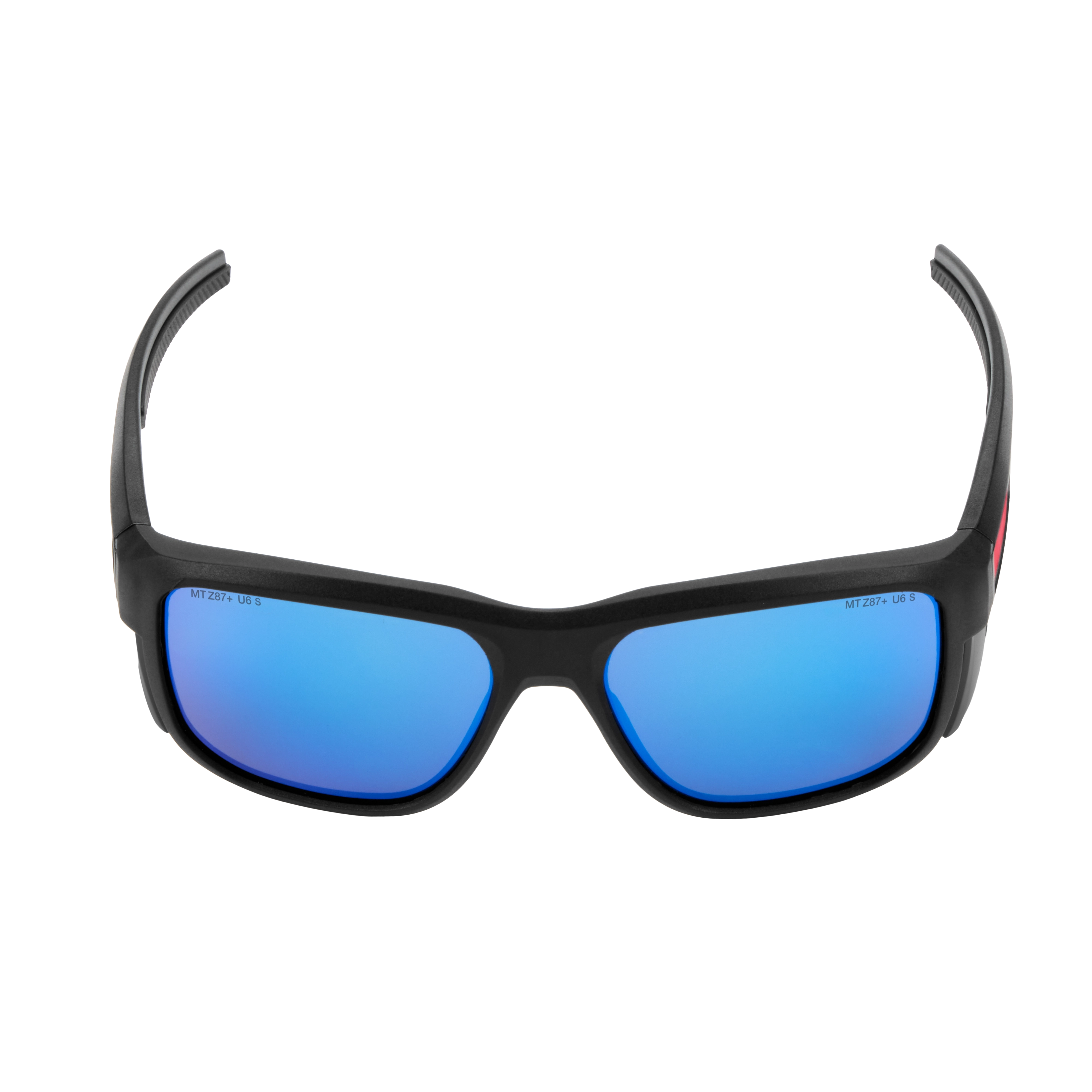 Full Frame Safety Glasses with Removable Side Shields feature blue mirrored anti-scratch lenses. The glasses are black with wrap-around earpieces and provide full coverage protection for the eyes. Ideal for construction and industrial environments.