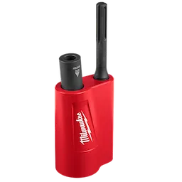 The SDS Max Side Load Ground Rod Driver is a red, cylindrical tool with two black components, designed for driving rods into the ground. It features a release button and a visible brand logo on the side.