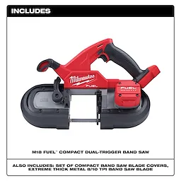 M18 FUEL Compact Dual-Trigger Band Saw includes band saw blade covers and thick metal 8/10 TPI band saw blade, shown in red and black.