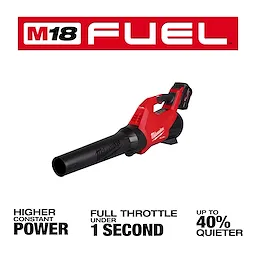 Red and black Milwaukee M18 Fuel blower with "Higher constant power," "Full throttle under 1 second," and "Up to 40% quieter