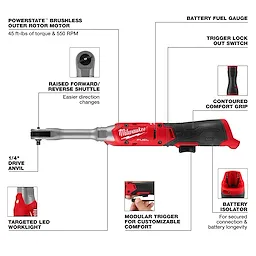 M12 FUEL 1/4" Extended Reach Ratchet with labeled features and close-ups of key components.