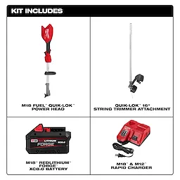 M18 FUEL QUIK-LOK 16” String Trimmer Kit with power head, trimmer attachment, battery, and rapid charger.