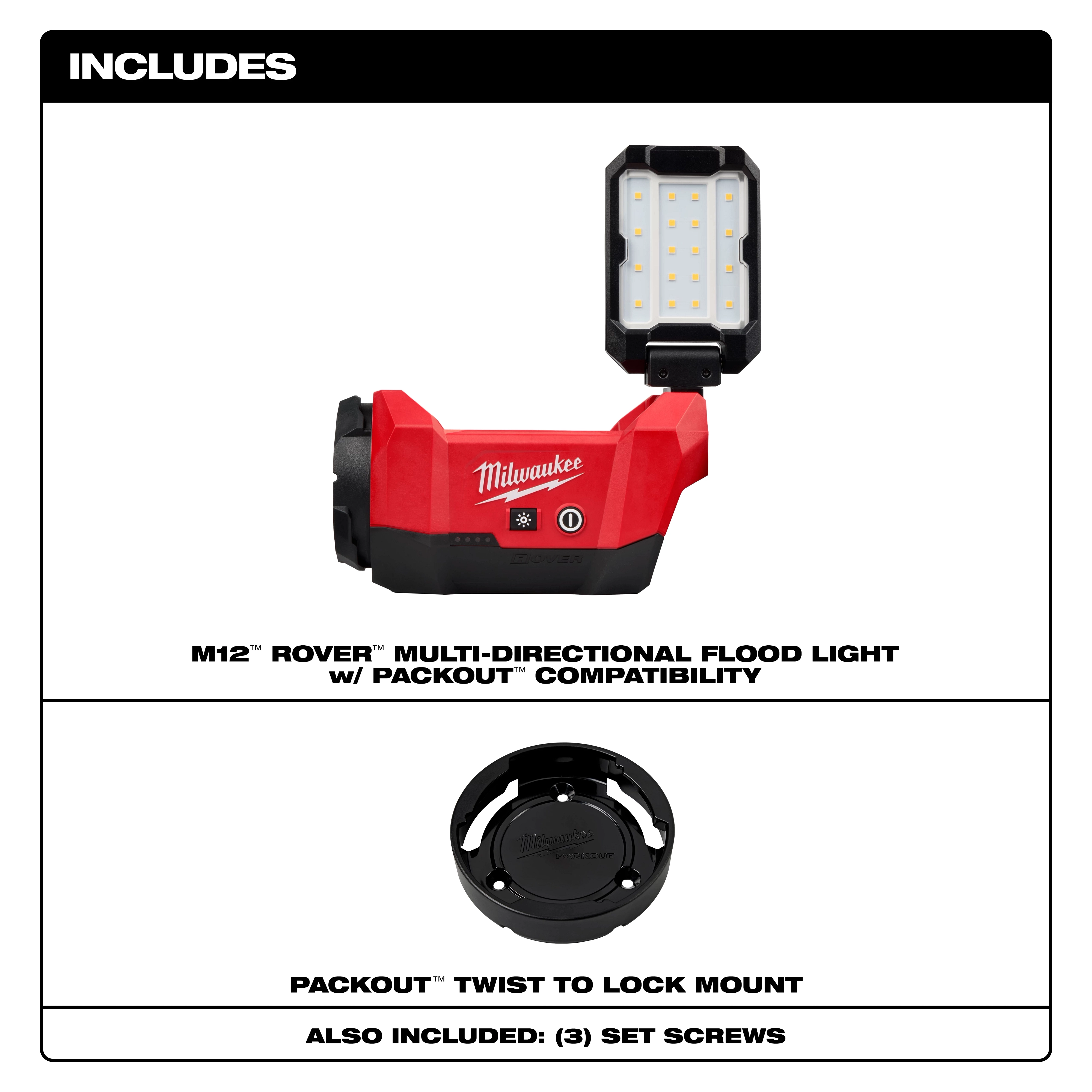 M12™ ROVER™ Multi-Directional Flood Light with PACKOUT™ Compatibility includes a red and black floodlight, a PACKOUT™ twist to lock mount, and three set screws. The floodlight features LED bulbs and is designed for variable positioning for optimal illumination in various work settings.