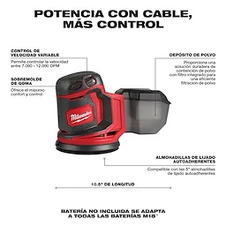 Lijadora Orbital Aleatoria M18™ de Milwaukee con control de velocidad variable, sobre molde de goma, depósito de polvo, y compatible con almohadillas de 5 pulgadas. La batería no está incluida. Tiene una longitud de 10.5 pulgadas.