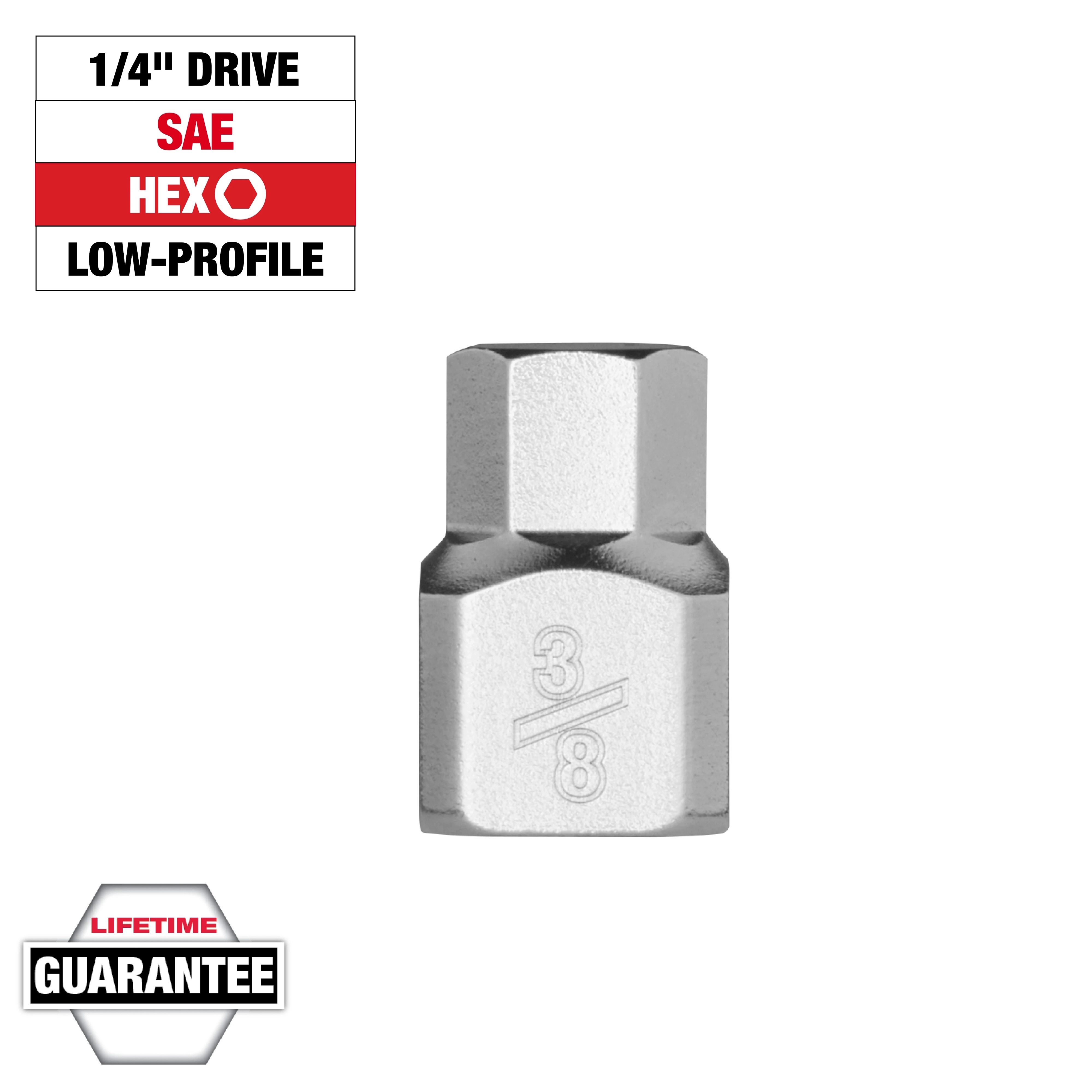1/4" Drive 3/8" Low-Profile Hex Bit Socket in silver finish with 3/8" marking, lifetime guarantee badge, and SAE Hex label.