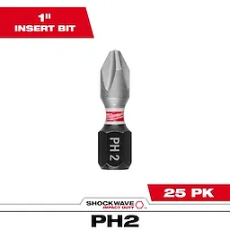 The image shows a SHOCKWAVE™ 1" Impact Duty Phillips #2 Insert Bit (25 PK). The bit has a metallic tip with "PH 2" marked on its black base and a red stripe above, with "Milwaukee" written on it. Text on the image states "1" Insert Bit" and "25 PK".