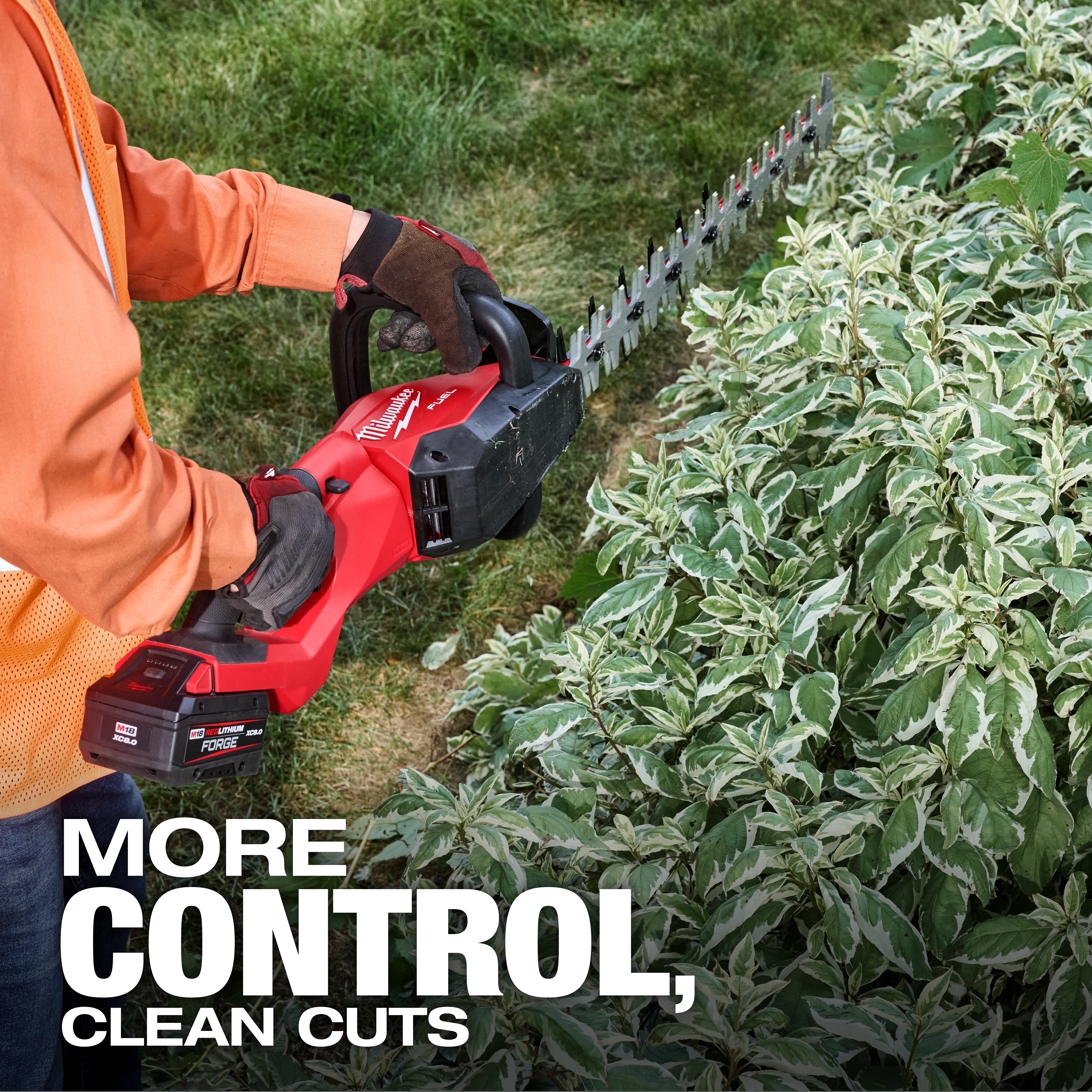 A person trims hedges using the M18 FUEL™ 24" and 30" Hedge Trimmer. The text "MORE CONTROL, CLEAN CUTS" appears at the bottom. The tool is held horizontally, and the hedge has variegated green leaves.