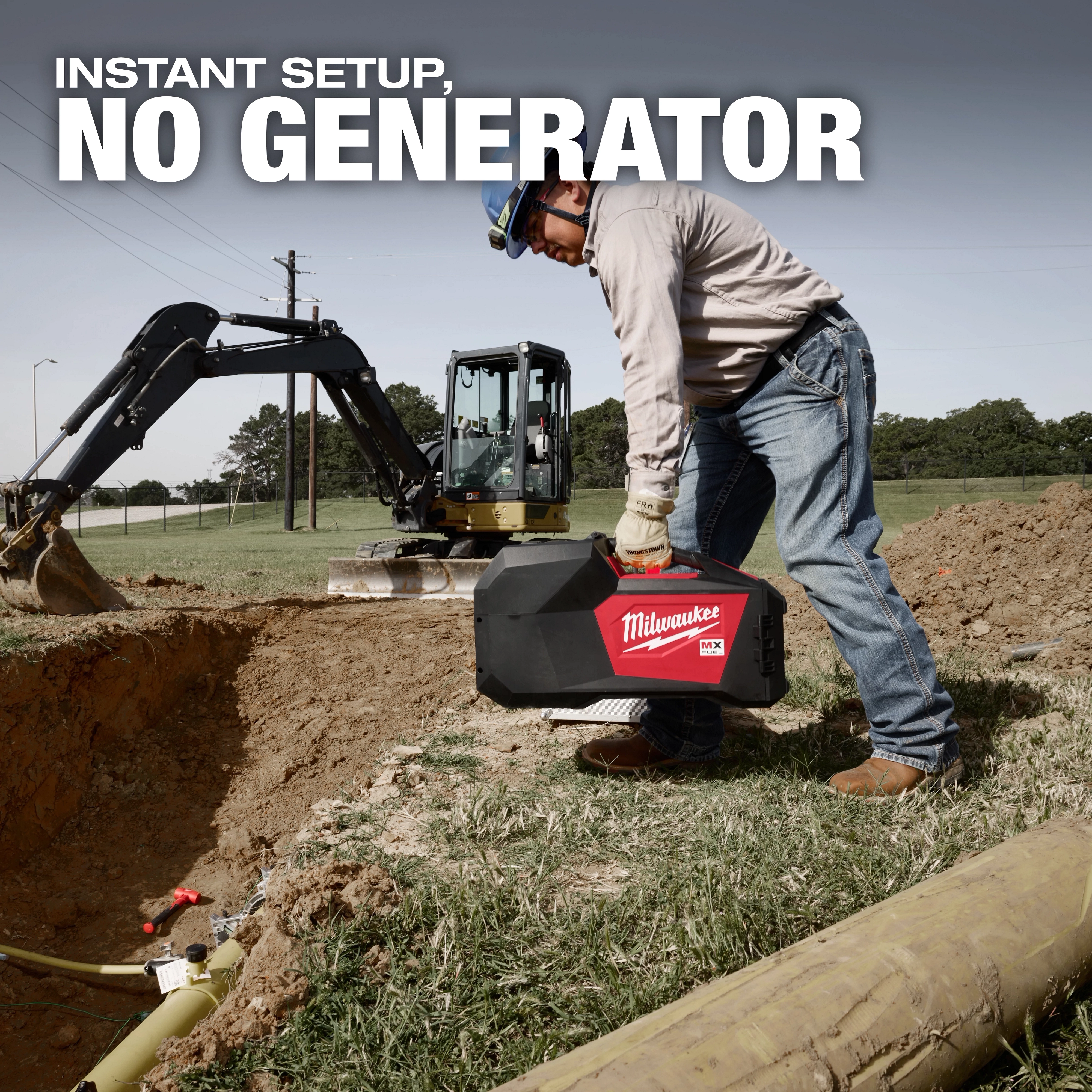 A construction worker handles the MX FUEL™ Electrofusion Processor near a trench with construction equipment in the background. The image displays the processor's easy setup and emphasizes that no generator is needed, as shown by the overlay text "INSTANT SETUP, NO GENERATOR."