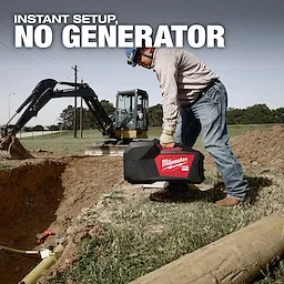A construction worker handles the MX FUEL™ Electrofusion Processor near a trench with construction equipment in the background. The image displays the processor's easy setup and emphasizes that no generator is needed, as shown by the overlay text "INSTANT SETUP, NO GENERATOR."