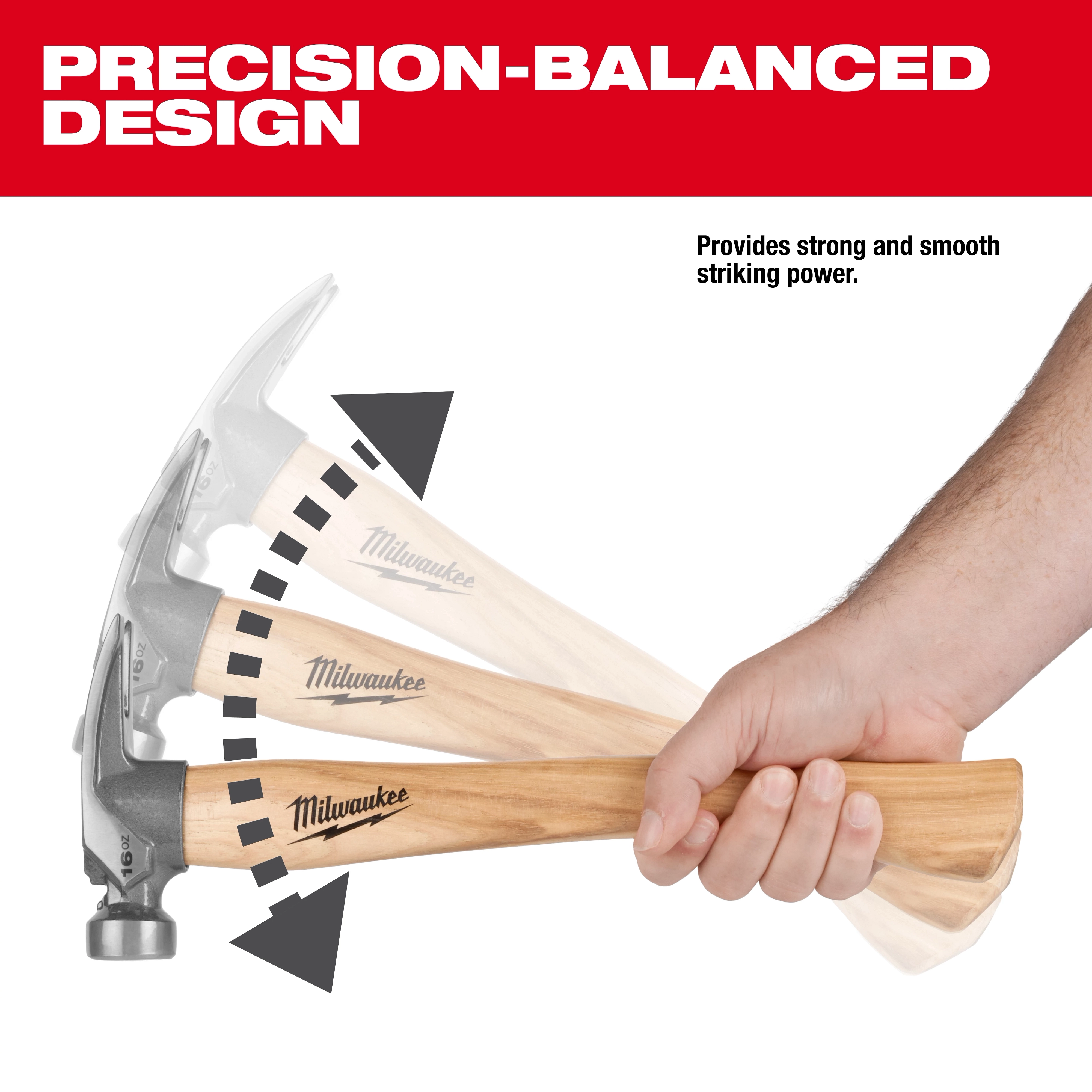 Hand gripping a 16oz Smooth Face Hickory Handle Hammer with multiple handle positions shown against a white background.
