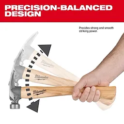 Hand gripping a 16oz Smooth Face Hickory Handle Hammer with multiple handle positions shown against a white background.