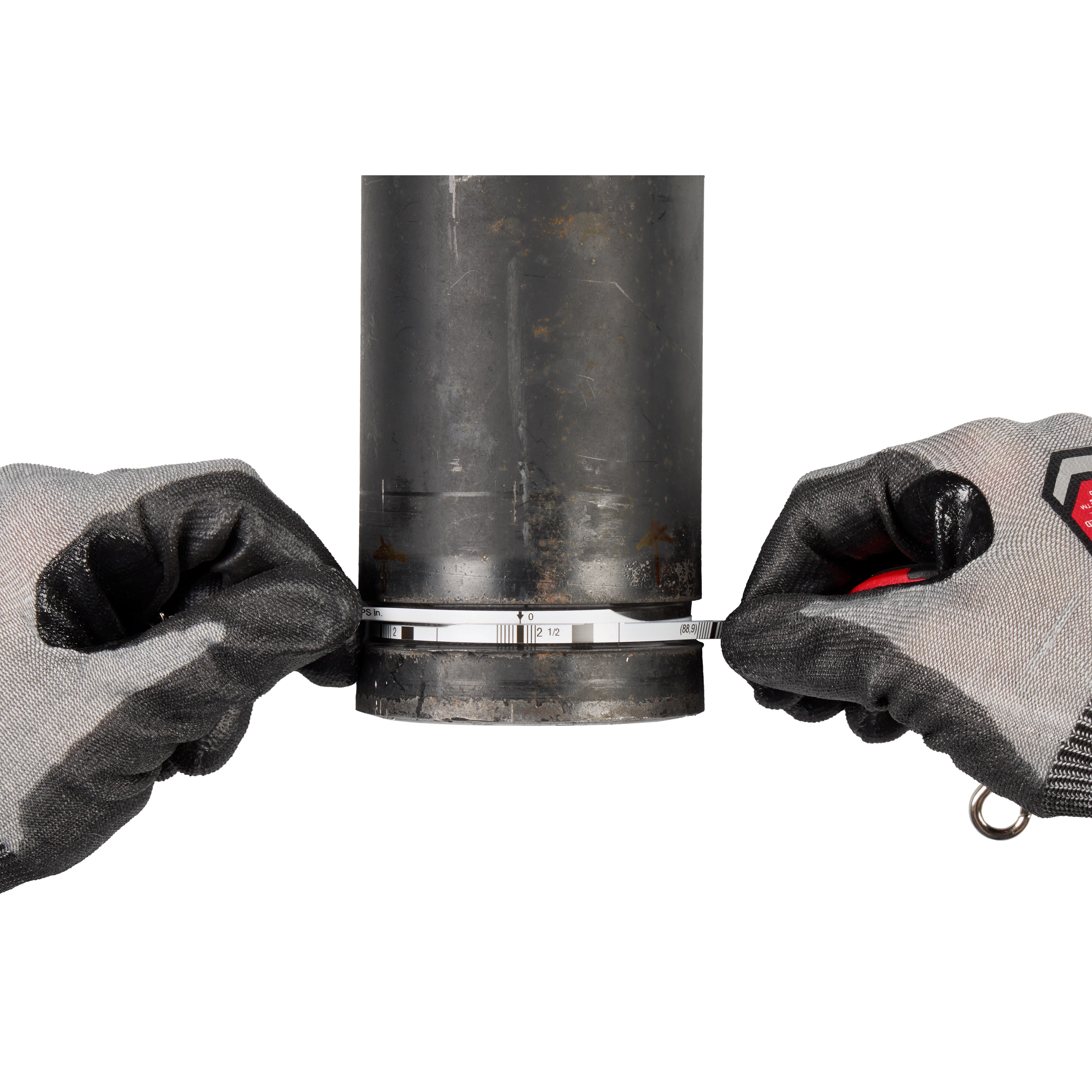 A person wearing gray and black work gloves is holding a black cylindrical pipe, fastening a silver adjustable clamp around its base. The image focuses on the hands, gloves, and the clamp against a white background.