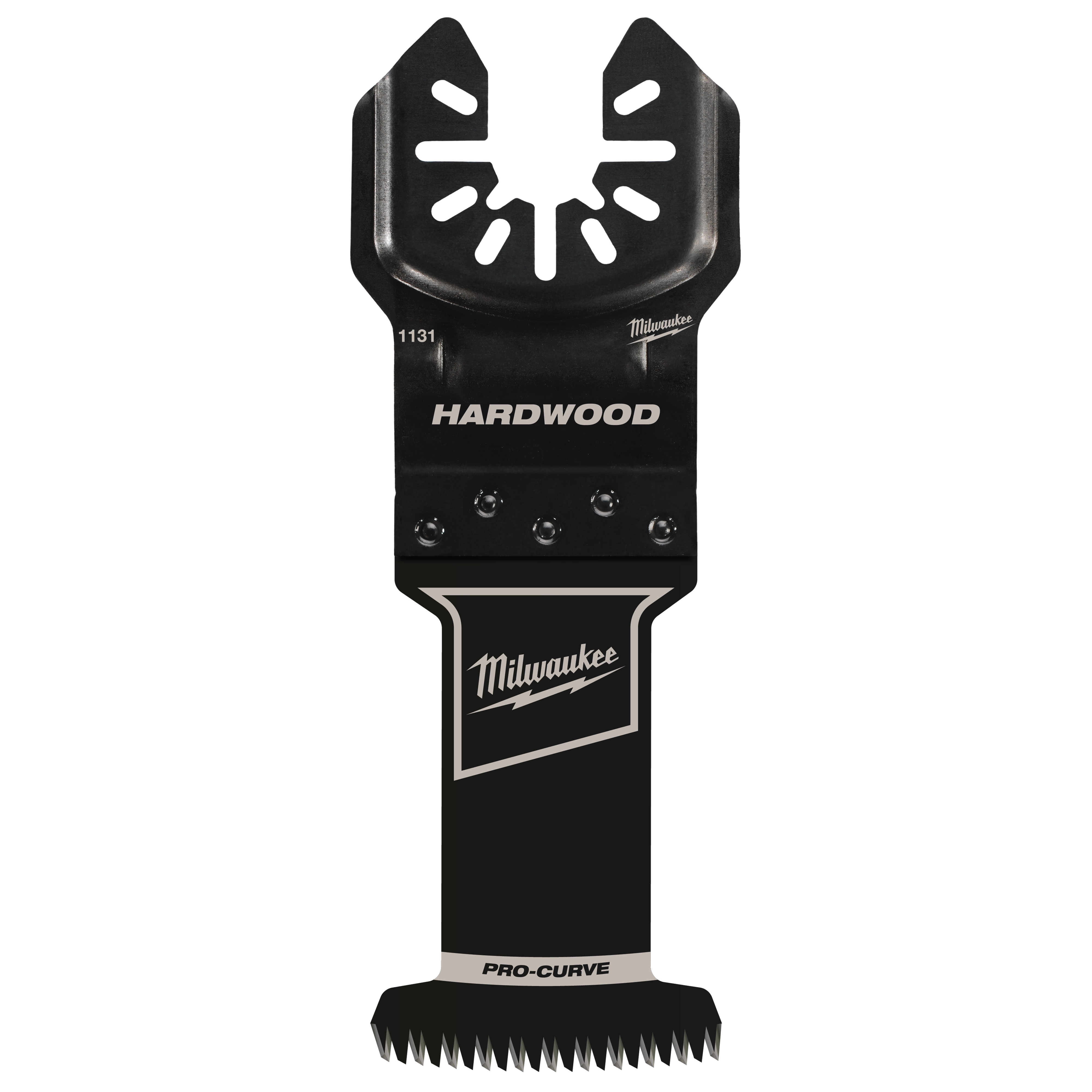 MILWAUKEE OPEN-LOK 1-3/8" HCS Japanese Tooth PRO-CURVE Hardwood Multi-Tool Blade with black body and silver text.