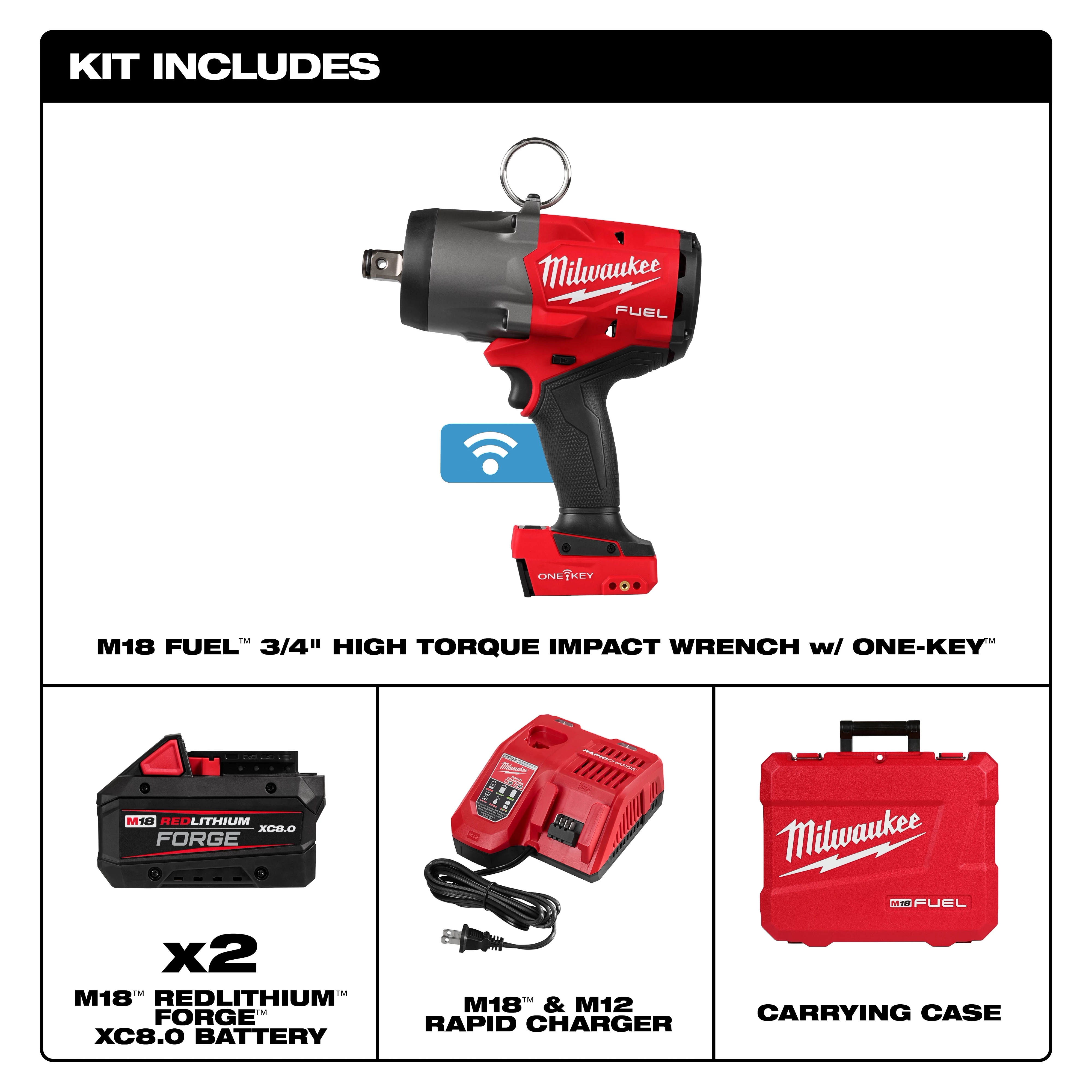 M18 FUEL 3/4" High Torque Impact Wrench w/ ONE-KEY Kit with batteries, charger, and carrying case displayed.