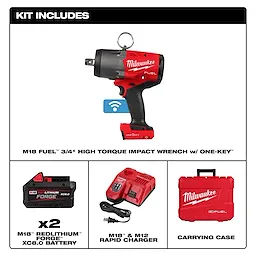 M18 FUEL 3/4" High Torque Impact Wrench w/ ONE-KEY Kit with batteries, charger, and carrying case displayed.