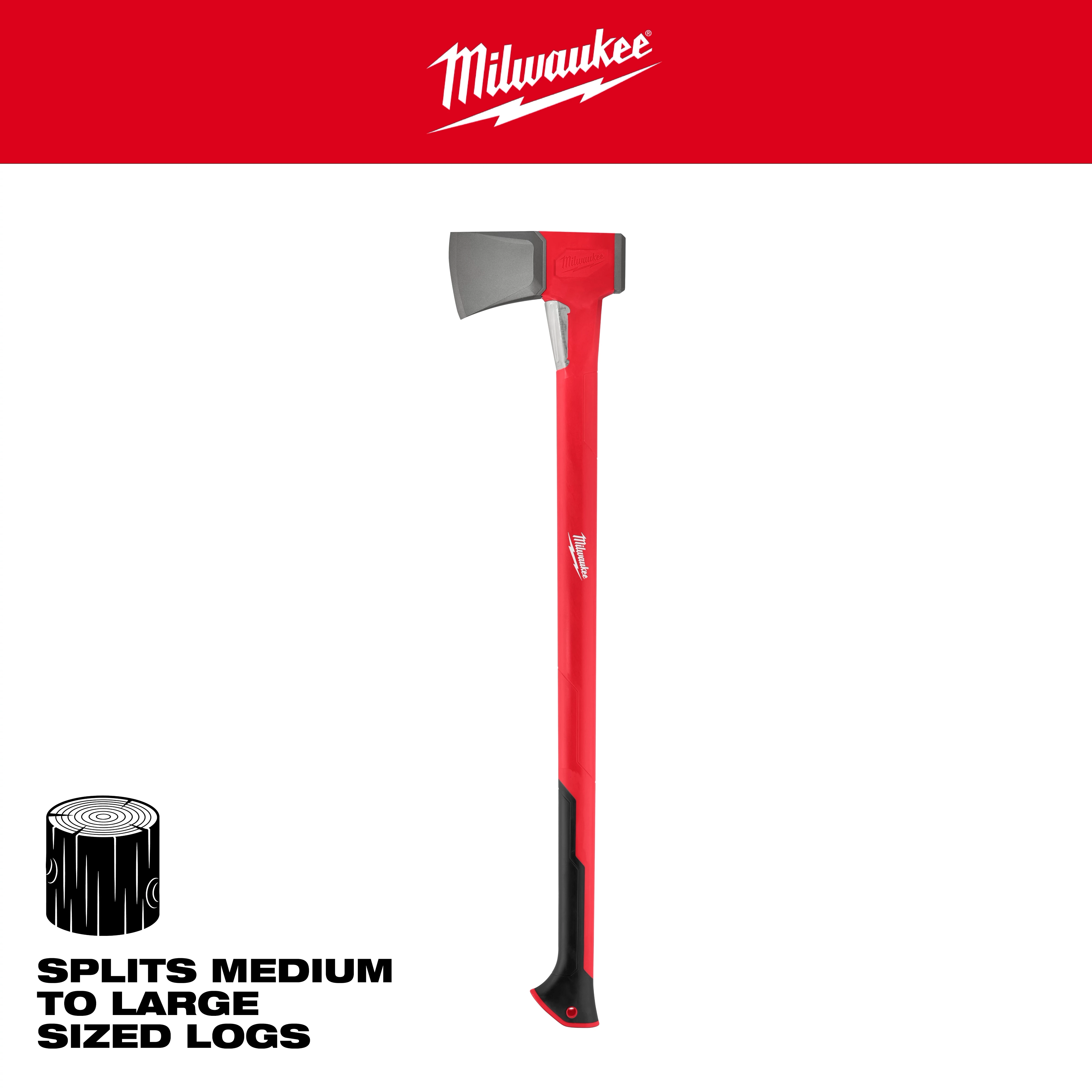 36" Splitting Axe with red handle, designed for splitting medium to large logs. The axe has a black grip and a silver blade.