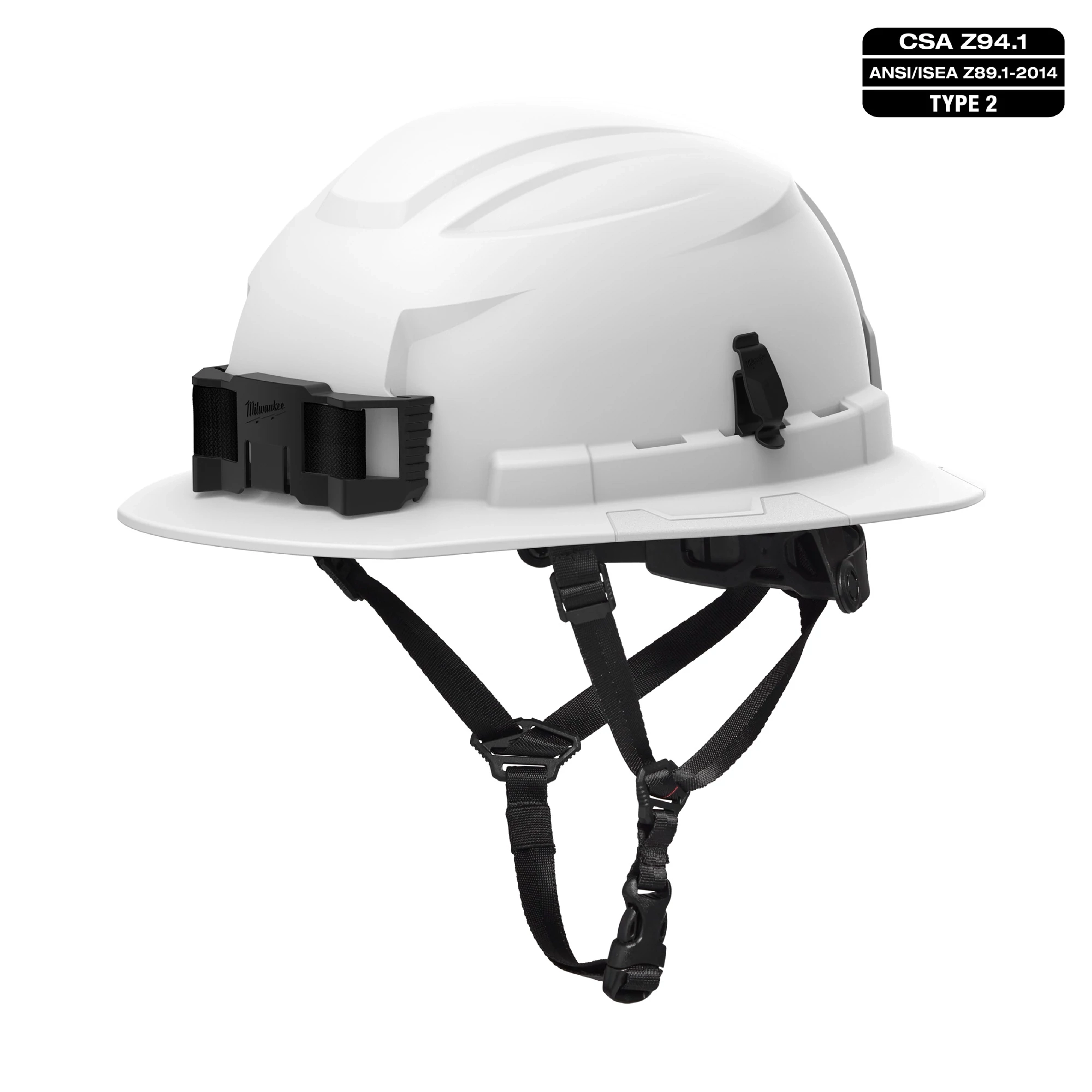 BOLT White Full Brim Safety Helmet with 4-point ratcheting suspension. It meets CSA Z94.1 and ANSI/ISEA Z89.1-2014 Type 2, Class E standards.
