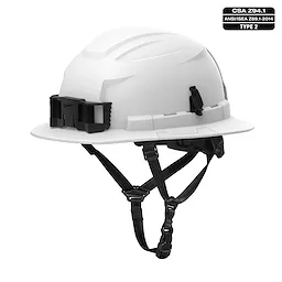 BOLT White Full Brim Safety Helmet with 4-point ratcheting suspension. It meets CSA Z94.1 and ANSI/ISEA Z89.1-2014 Type 2, Class E standards.
