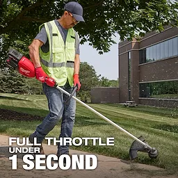 A person wearing a high-visibility vest and red gloves is using a Milwaukee grass trimmer on a lawn. In the background is a modern building. The text reads, "Full throttle under 1 second."